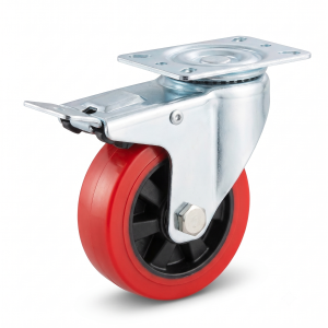 Heavy Duty Red PU Castor Wheel Set of 4 &ndash; Brake Castor Wheels for Trolleys, Carts & Industrial Equipment